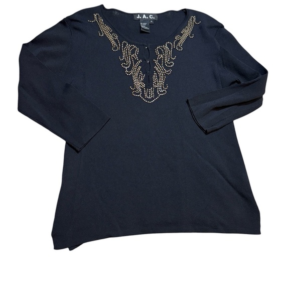 🖤 J.A.C Rhinestone Embellished 3/4 Sleeve Top XL Black ✨ - Picture 1 of 4